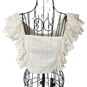 Altar'd State Cream Eyelet Cotton Crop Top Ruffle Flutter Sleeve Boho Small